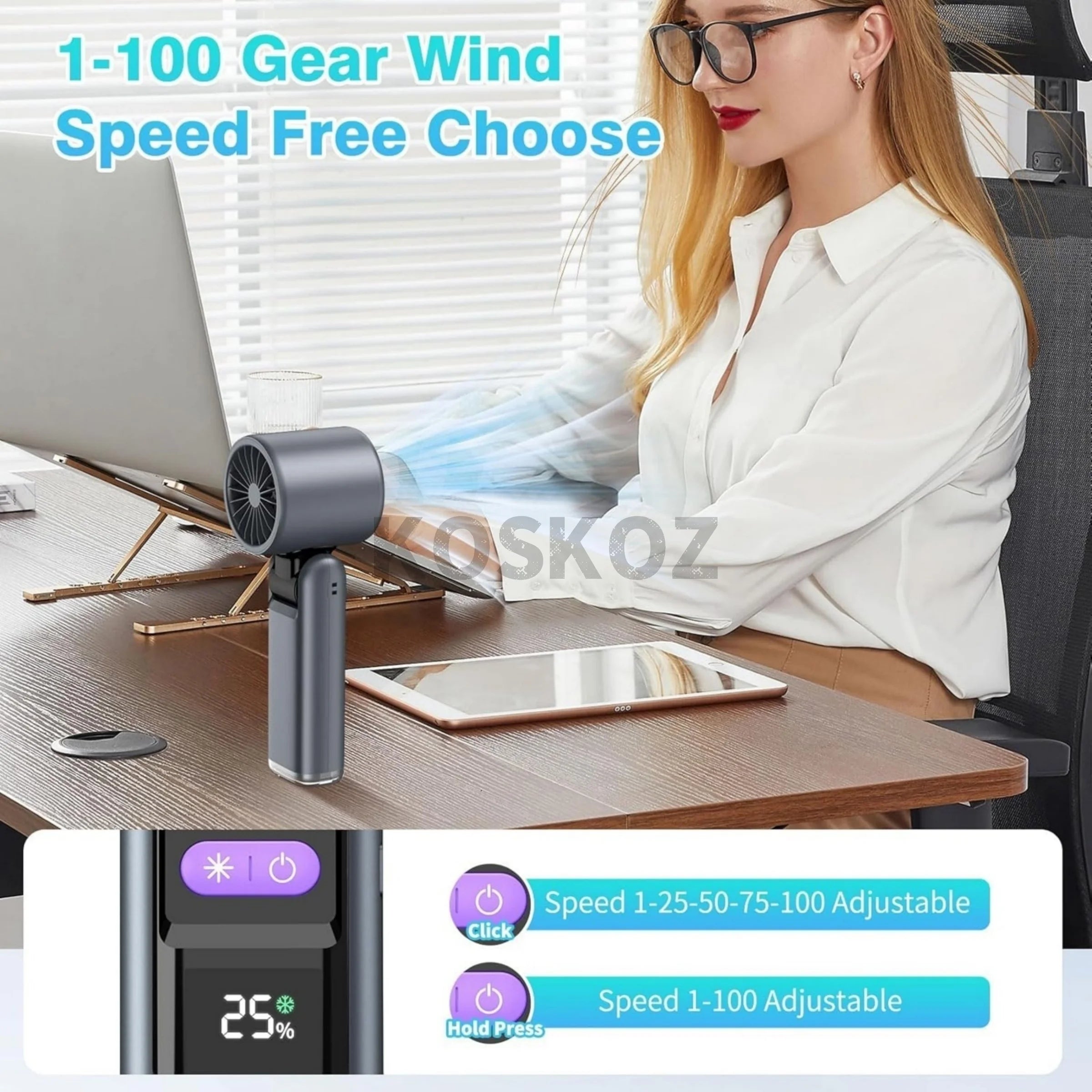 Wandrly Breeze — Portable Rechargeable Handheld Fan, 5 Speeds, 12H Battery