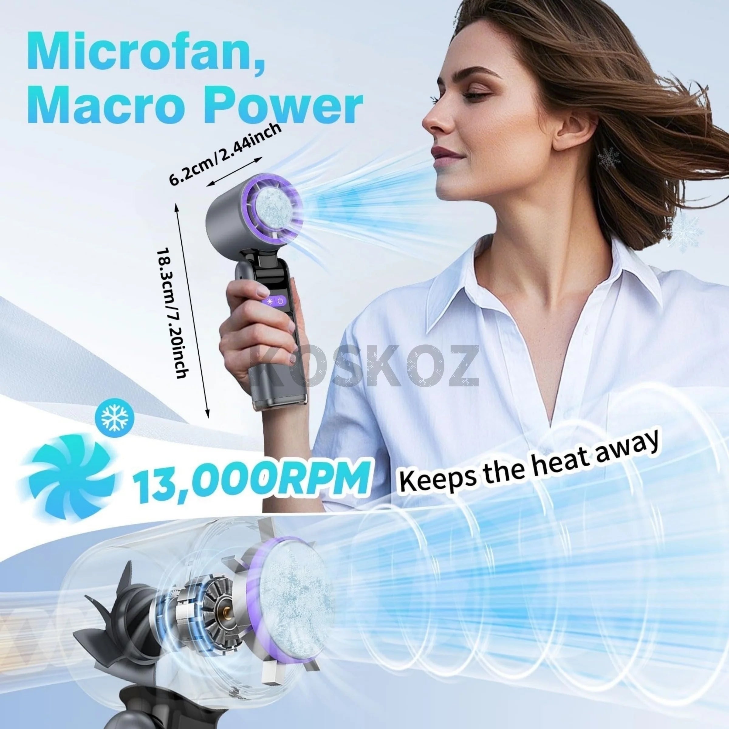 Wandrly Breeze — Portable Rechargeable Handheld Fan, 5 Speeds, 12H Battery