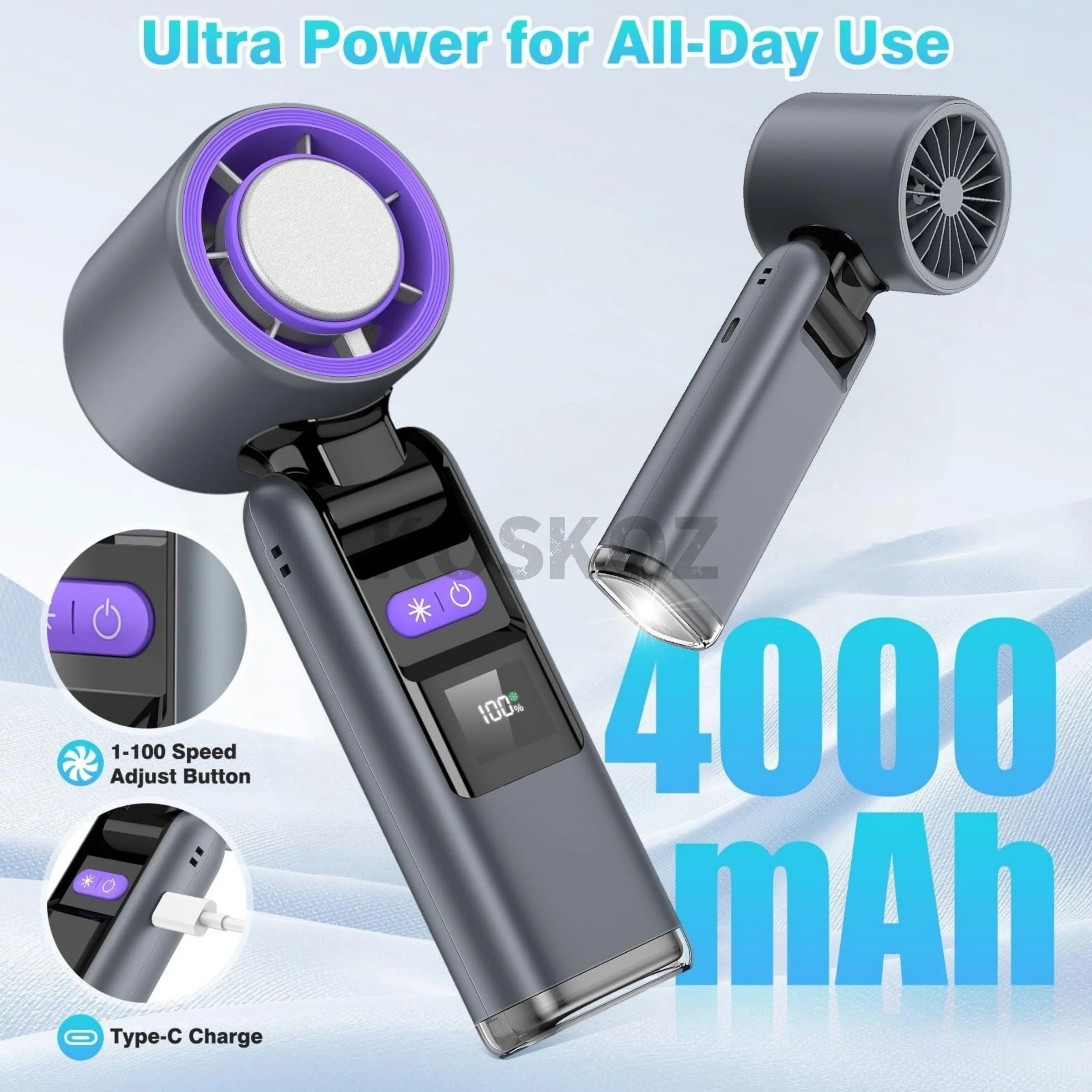 Wandrly Breeze — Portable Rechargeable Handheld Fan, 5 Speeds, 12H Battery